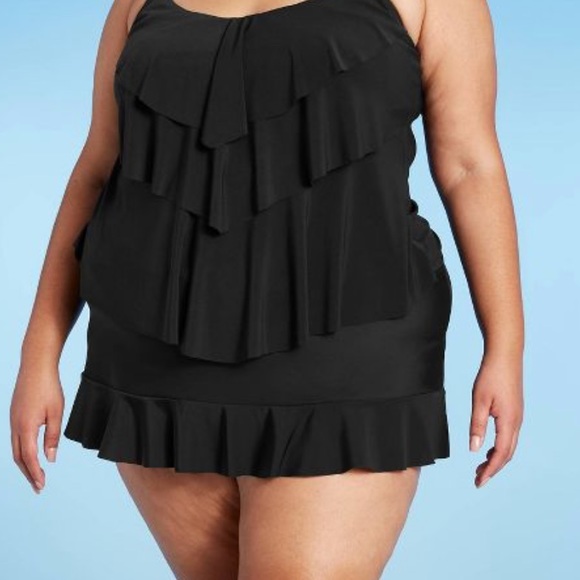 New Ruffle Swim Skirt - Aqua Green Black - Picture 3 of 5